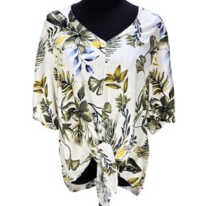 Women's HAVER. London Large Floral Front Tie Linen Blend Tropical Blouse Resort